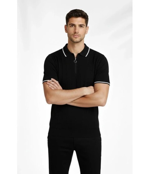 Erkek Fermuarlı Yaka Fitilli Triko Kısa Kollu Regular Fit Tişört T-shirt - Siyah