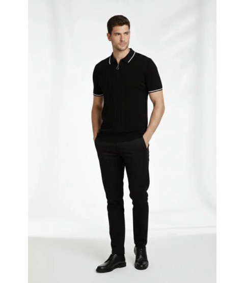 Erkek Fermuarlı Yaka Fitilli Triko Kısa Kollu Regular Fit Tişört T-shirt - Siyah