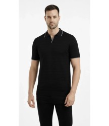 Erkek Triko Kumaş Yakalı Düğmesiz Açık Yaka Fitilli Kısa Kollu Regular Fit Tişört T-shirt - Siyah