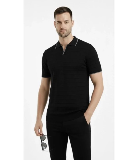 Erkek Triko Kumaş Yakalı Düğmesiz Açık Yaka Fitilli Kısa Kollu Regular Fit Tişört T-shirt - Siyah
