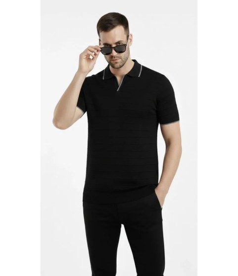 Erkek Triko Kumaş Yakalı Düğmesiz Açık Yaka Fitilli Kısa Kollu Regular Fit Tişört T-shirt - Siyah