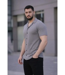 Erkek Waffle Kumaş Kısa Kollu Düğmeli Açık Yaka Regular Fit Gömlek - Gri