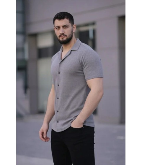 Erkek Waffle Kumaş Kısa Kollu Düğmeli Açık Yaka Regular Fit Gömlek - Gri