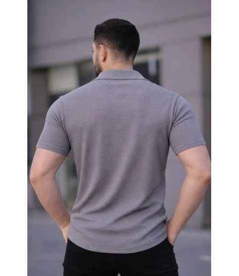 Erkek Waffle Kumaş Kısa Kollu Düğmeli Açık Yaka Regular Fit Gömlek - Gri