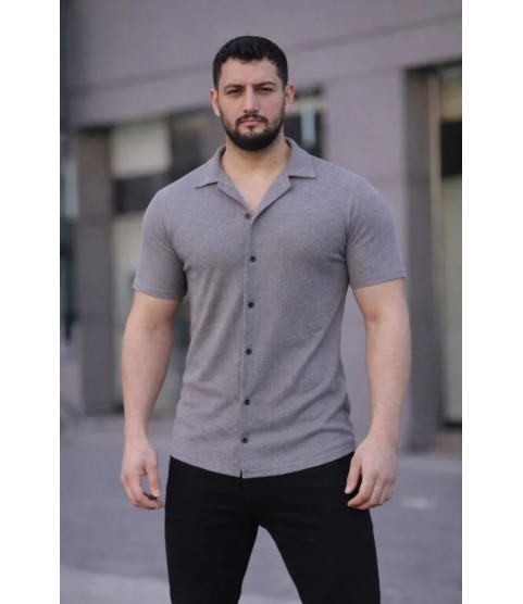 Erkek Waffle Kumaş Kısa Kollu Düğmeli Açık Yaka Regular Fit Gömlek - Gri