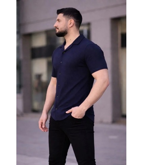 Erkek Waffle Kumaş Kısa Kollu Düğmeli Açık Yaka Regular Fit Gömlek - Lacivert