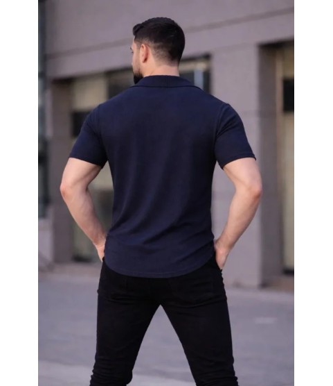 Erkek Waffle Kumaş Kısa Kollu Düğmeli Açık Yaka Regular Fit Gömlek - Lacivert
