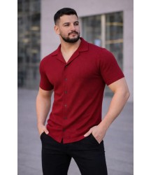 Erkek Waffle Kumaş Kısa Kollu Düğmeli Açık Yaka Regular Fit Gömlek - Kırmızı