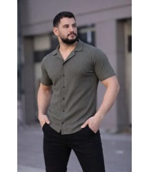 Erkek Waffle Kumaş Kısa Kollu Düğmeli Açık Yaka Regular Fit Gömlek - Haki