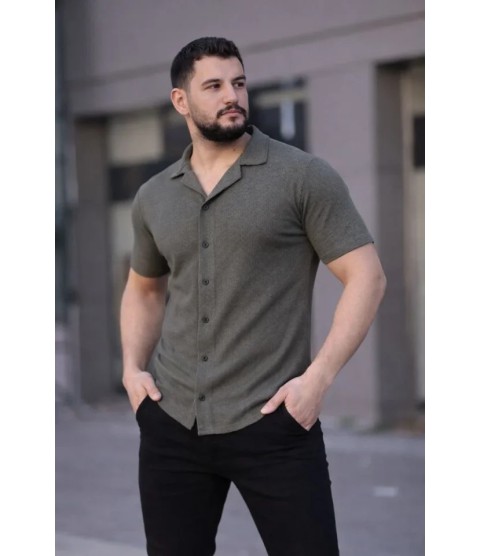 Erkek Waffle Kumaş Kısa Kollu Düğmeli Açık Yaka Regular Fit Gömlek - Haki