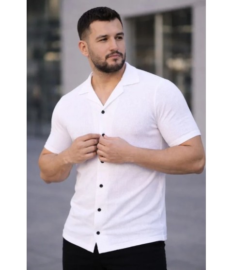 Erkek Waffle Kumaş Kısa Kollu Düğmeli Açık Yaka Regular Fit Gömlek - Beyaz