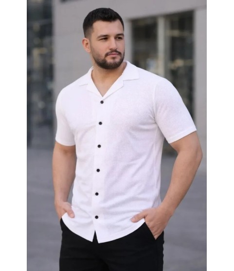 Erkek Waffle Kumaş Kısa Kollu Düğmeli Açık Yaka Regular Fit Gömlek - Beyaz