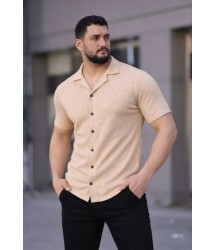 Erkek Waffle Kumaş Kısa Kollu Düğmeli Açık Yaka Regular Fit Gömlek - Bej
