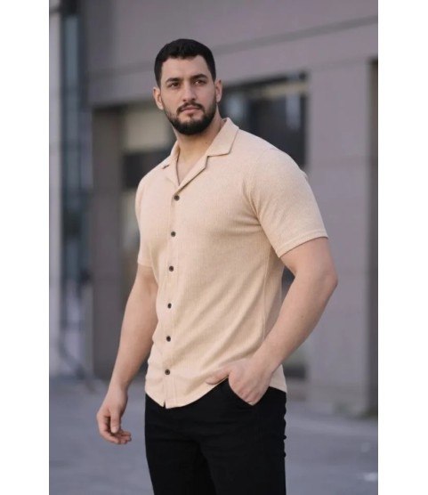 Erkek Waffle Kumaş Kısa Kollu Düğmeli Açık Yaka Regular Fit Gömlek - Bej