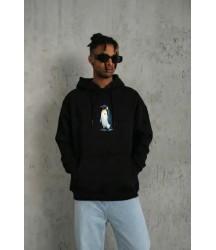 Siyah Oversize Hoodie - Sırt Baskılı Survivor Penguin Temalı, Felsefi Yazılı Kapüşonlu Sweatshirt - Siyah