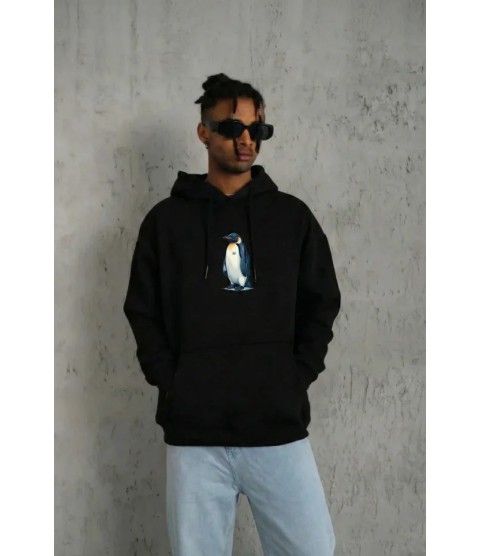 Siyah Oversize Hoodie - Sırt Baskılı Survivor Penguin Temalı, Felsefi Yazılı Kapüşonlu Sweatshirt - Siyah