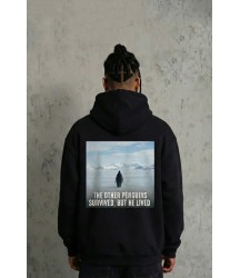 Siyah Oversize Hoodie - Sırt Baskılı Survivor Penguin Temalı, Felsefi Yazılı Kapüşonlu Sweatshirt - Siyah