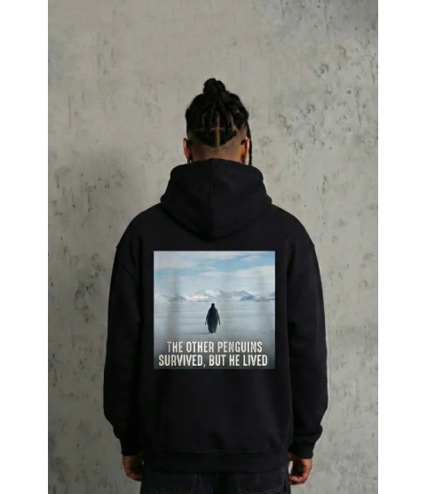 Siyah Oversize Hoodie - Sırt Baskılı Survivor Penguin Temalı, Felsefi Yazılı Kapüşonlu Sweatshirt - Siyah