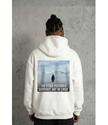 Siyah Oversize Hoodie - Sırt Baskılı Survivor Penguin Temalı, Felsefi Yazılı Kapüşonlu Sweatshirt - Beyaz