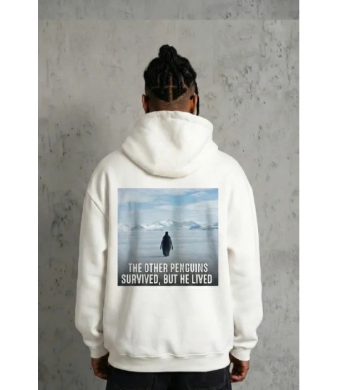Siyah Oversize Hoodie - Sırt Baskılı Survivor Penguin Temalı, Felsefi Yazılı Kapüşonlu Sweatshirt - Beyaz