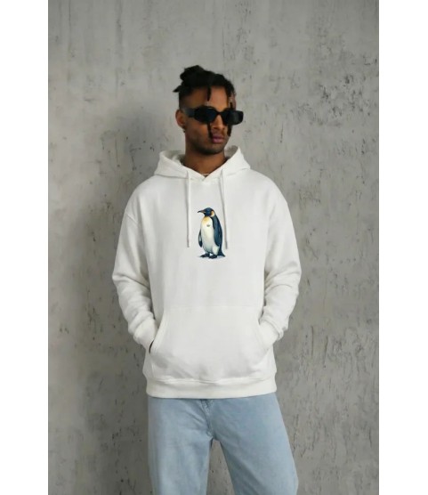 Siyah Oversize Hoodie - Sırt Baskılı Survivor Penguin Temalı, Felsefi Yazılı Kapüşonlu Sweatshirt - Beyaz