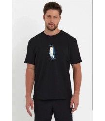 Erkek Oversize Tişört - Sırt Baskılı Survivor Penguin Temalı, Felsefi Yazılı Bisiklet Yaka Tişört - Siyah