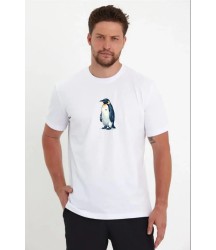 Erkek Oversize Tişört - Sırt Baskılı Survivor Penguin Temalı, Felsefi Yazılı Bisiklet Yaka Tişört - Beyaz