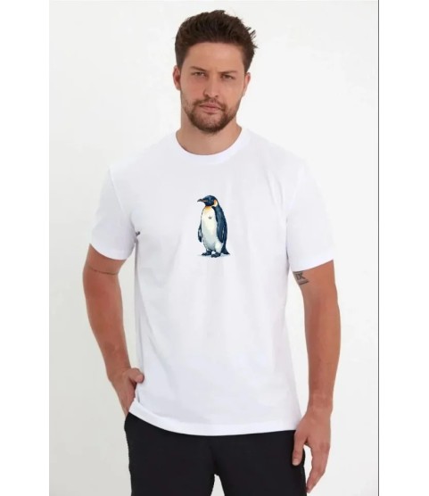 Erkek Oversize Tişört - Sırt Baskılı Survivor Penguin Temalı, Felsefi Yazılı Bisiklet Yaka Tişört - Beyaz