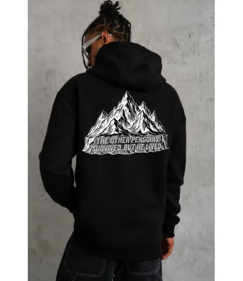 Erkek Nihilist Penguen Temalı Oversize Kapüşonlu Sweatshirt - Siyah