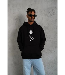 Erkek Nihilist Penguen Temalı Oversize Kapüşonlu Sweatshirt - Siyah