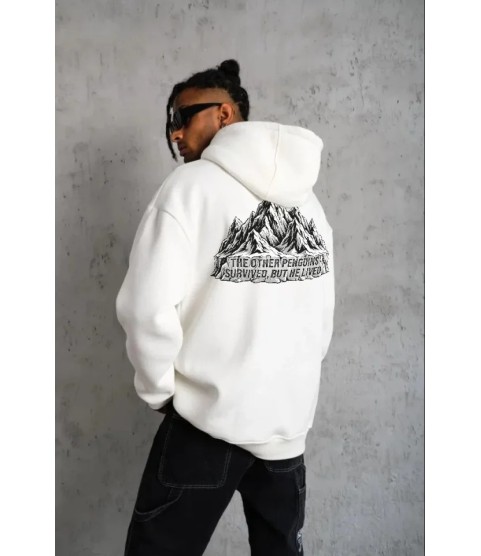 Erkek Nihilist Penguen Temalı Oversize Kapüşonlu Sweatshirt - Beyaz
