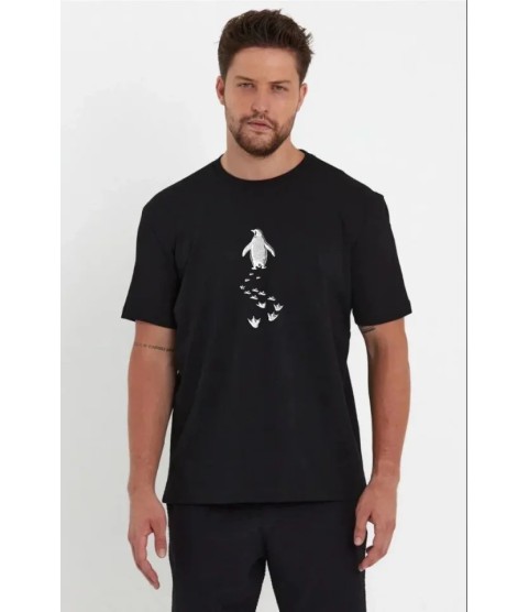 Erkek Nihilist Penguen Temalı Oversize Bisiklet Yaka Tişört - Siyah