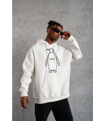 Erkek Nihilist Penguen Özel Tasarım Oversize Kapüşonlu Sweatshirt - Beyaz