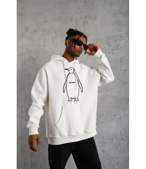 Erkek Nihilist Penguen Özel Tasarım Oversize Kapüşonlu Sweatshirt - Beyaz