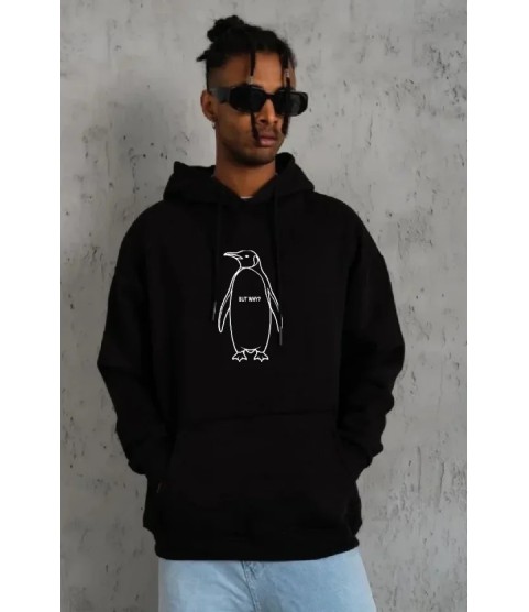 Erkek Nihilist Penguen Özel Tasarım Oversize Kapüşonlu Sweatshirt - Siyah
