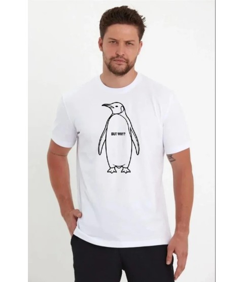 Erkek Nihilist Penguen Özel Tasarım Oversize Bisiklet Yaka Tişört - Beyaz