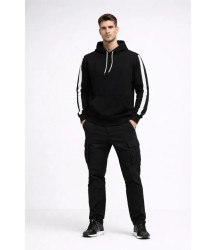 Erkek Şeritli Kapüşonlu Sweatshirt Oversize 3 Iplik Pamuklu - Siyah