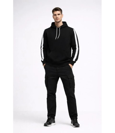 Erkek Şeritli Kapüşonlu Sweatshirt Oversize 3 Iplik Pamuklu - Siyah