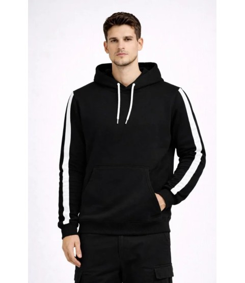 Erkek Şeritli Kapüşonlu Sweatshirt Oversize 3 Iplik Pamuklu - Siyah