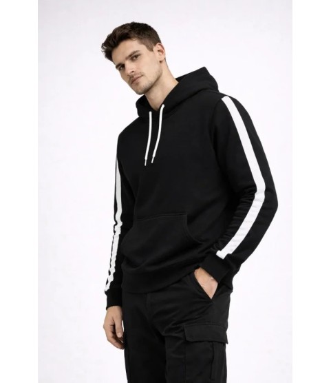 Erkek Şeritli Kapüşonlu Sweatshirt Oversize 3 Iplik Pamuklu - Siyah