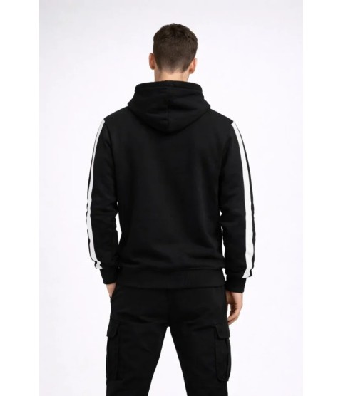 Erkek Şeritli Kapüşonlu Sweatshirt Oversize 3 Iplik Pamuklu - Siyah