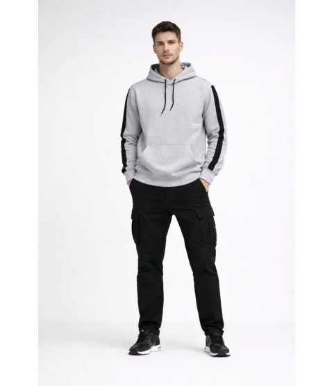 Erkek Şeritli Kapüşonlu Sweatshirt Oversize 3 Iplik Pamuklu - Beyaz