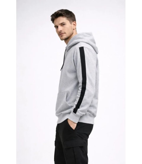 Erkek Şeritli Kapüşonlu Sweatshirt Oversize 3 Iplik Pamuklu - Beyaz