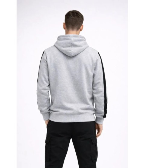 Erkek Şeritli Kapüşonlu Sweatshirt Oversize 3 Iplik Pamuklu - Beyaz