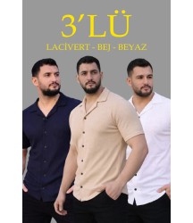 Erkek Waffle Dokuma Açık Yakalı Düğmeli Regular Kalıp 3’lü Gömlek Seti - Bej, Beyaz, Lacivert
