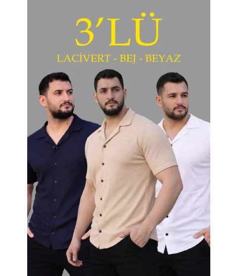 Erkek Waffle Dokuma Açık Yakalı Düğmeli Regular Kalıp 3’lü Gömlek Seti - Bej, Beyaz, Lacivert