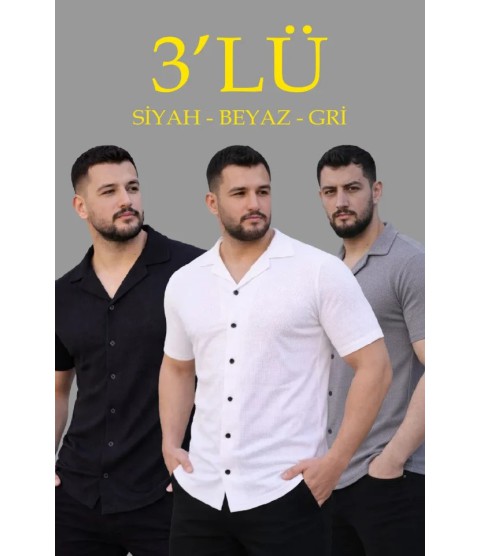 Erkek Waffle Dokuma Açık Yakalı Düğmeli Regular Kalıp 3’lü Gömlek Seti - Siyah, Beyaz, Gri