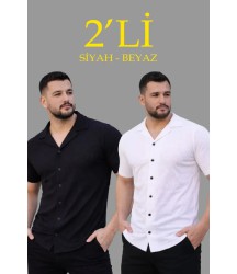 Erkek Waffle Dokuma Açık Yakalı Düğmeli Regular Kalıp 2’li Gömlek Seti - Siyah - Beyaz