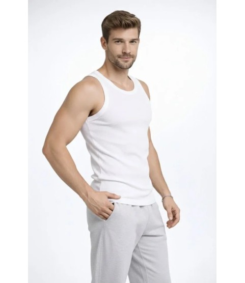 Erkek Fitilli Atlet Sıfır Yaka Slim Fit Arka Baskılı Spor Atlet - Beyaz