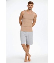 Erkek Fitilli Atlet Sıfır Yaka Slim Fit Arka Baskılı Spor Atlet - Bej
